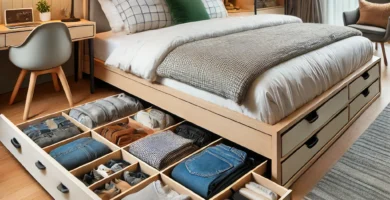 ropa bien organizada en Espacio bajo la cama con cajones