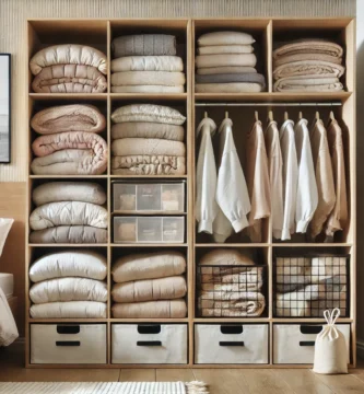 armario con baldas y cajones organizados para guardar ropa de cama voluminosa