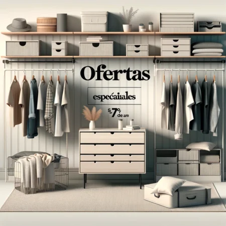 habitacion con ropa colgada, una comoda, percheros burro y estanterias con un cartel ofertas especiales en organizacion de ropa