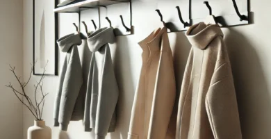 ropa colgada en percheros de pared y gorros y gorras encima de los estantes superiores