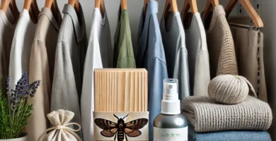 productos antipolillas sobre un estante y ropa colgada detras