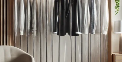 ropa colgada y tapada con fundas de proteccion y cuidado para ropa delicada