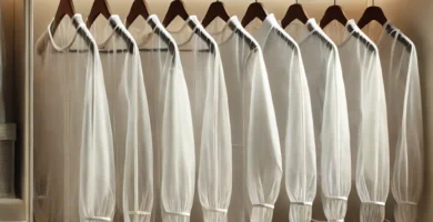 protectores de ropa colgados en perchas dentro de un armario