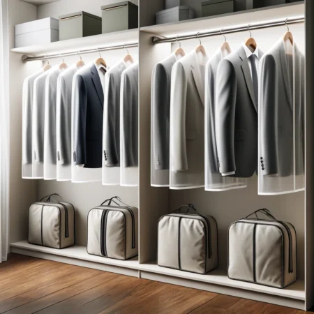 trajes colgados con protectores de trajes y vestidos