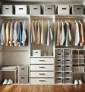 armario abierto con ropa colgada y cajones mostrando que es un organizador de ropa