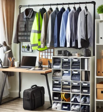 habitacion con perchero burro y estantes organizados como sistema de organizacion para ropa de trabajo