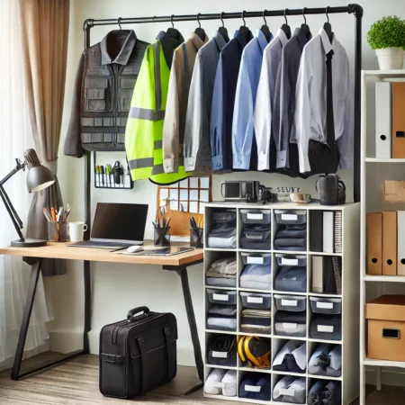 habitacion con perchero burro y estantes organizados como sistema de organizacion para ropa de trabajo